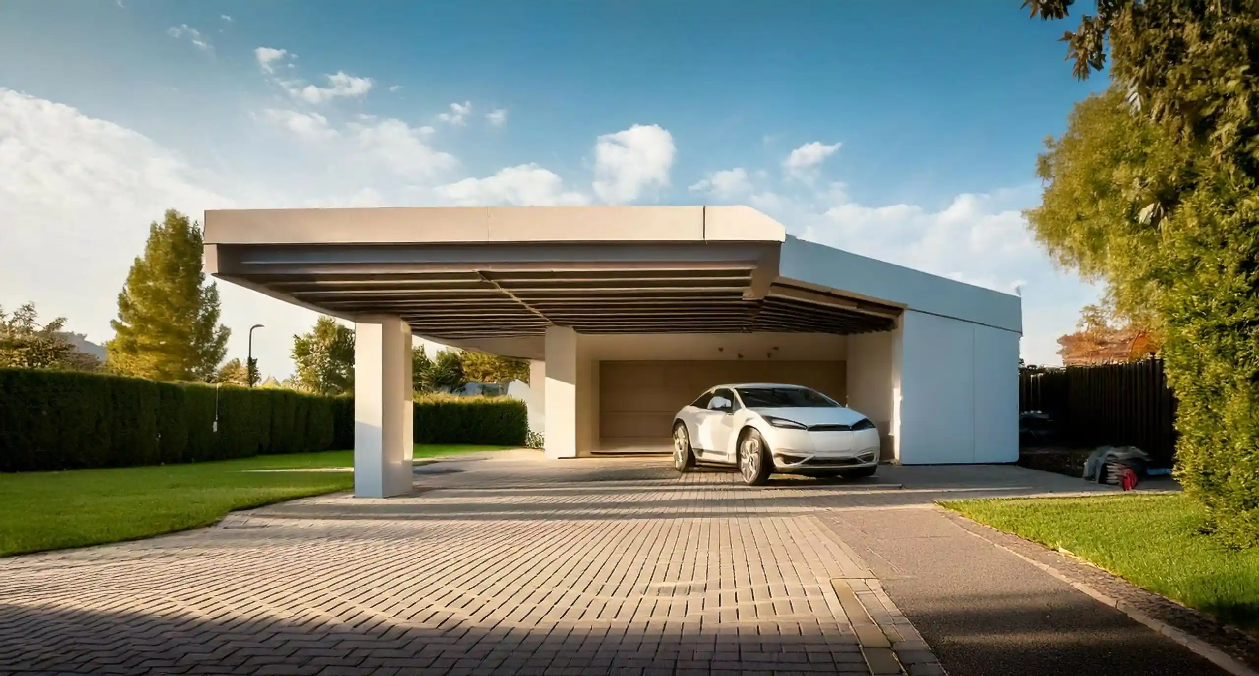 maison moderne avec un voiture garée devant sous un carport en bois